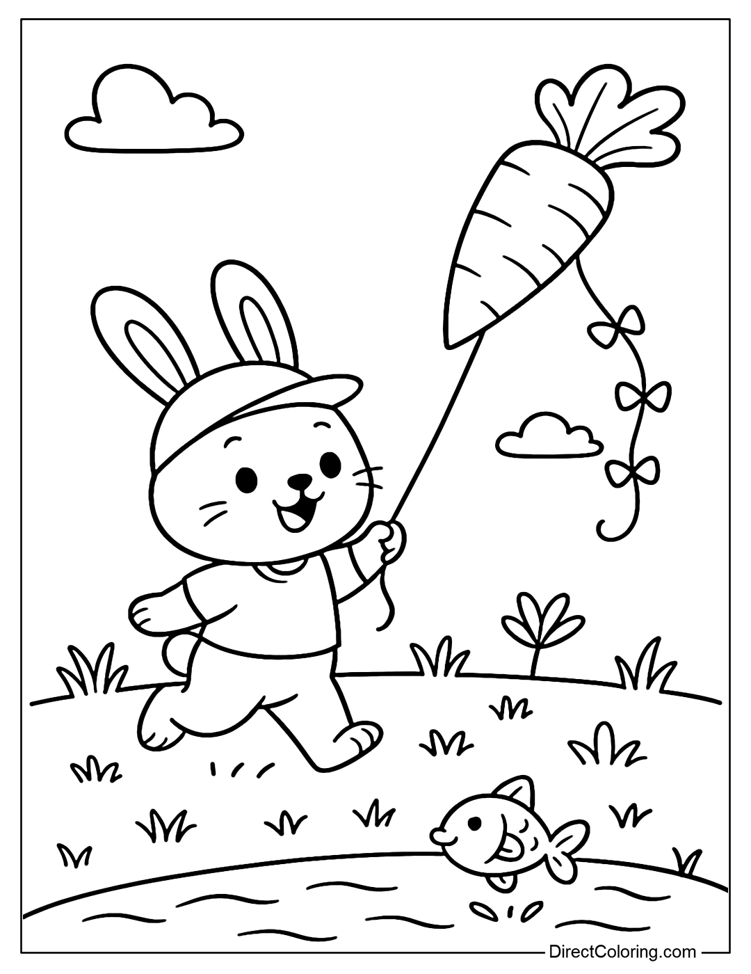 Coloring page of a baby rabbit flying a carrot-shaped kite, running on the grass with a big smile.